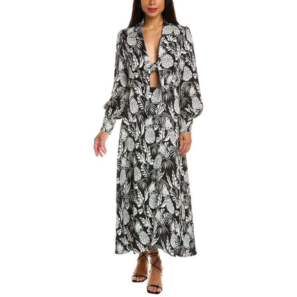 Elie Tahari Womens  Tie Front Linen-Blend Midi Dress, Black
